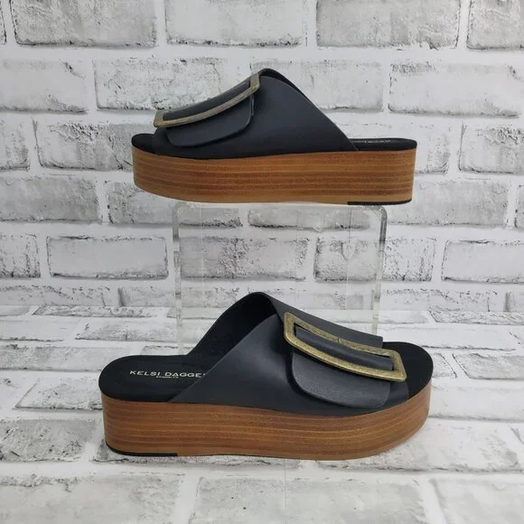 NWOB Kelsi Dagger Brooklyn Dover Large Buckle Platform Slides Black Size 7 - Picture 2 of 7
